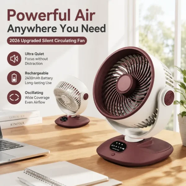 USB Rechargeable Desk Fan - Portable Adjustable Air Circulator