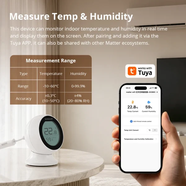 Matter WiFi Smart IR Thermostat - Universal AC Remote with Temperature & Humidity Sensor